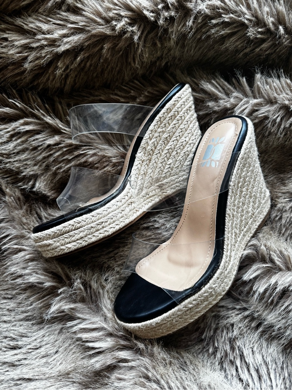 Clear Strap Espadrille Wedge Sandals - Black/Cream